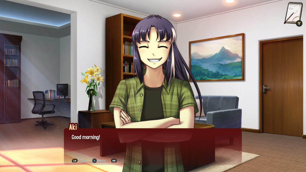 Aki stands in the middle of a living room grinning