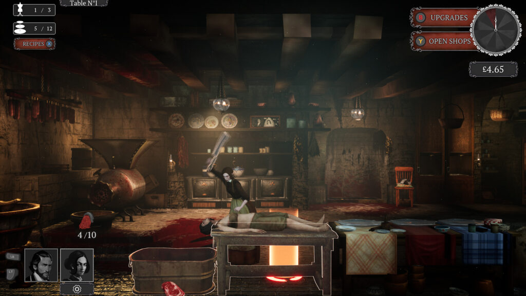 Hildred holds a meat cleaver above a corpse's head in a room covered with blood and furnished with meat grinding machines