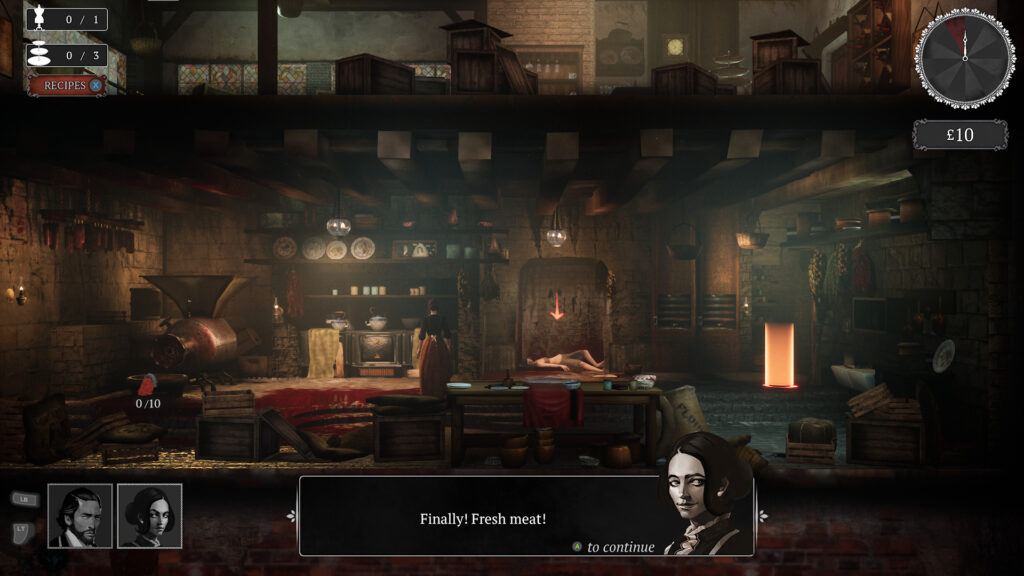 A view of the basement where Hildred makes the people pies. A corpse lies waiting for her at the base of the trap door