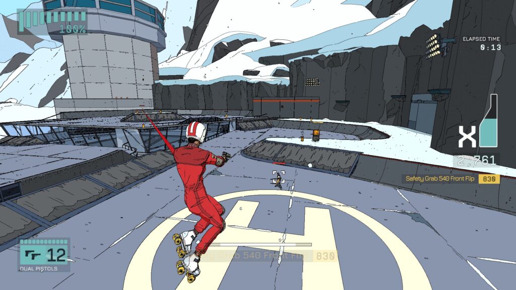 A skater targets another player with a gun