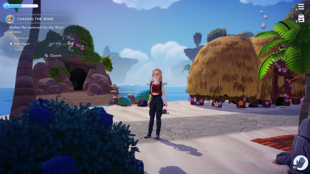 The protagonist stands on a beach next to Maui and Moana's houses.