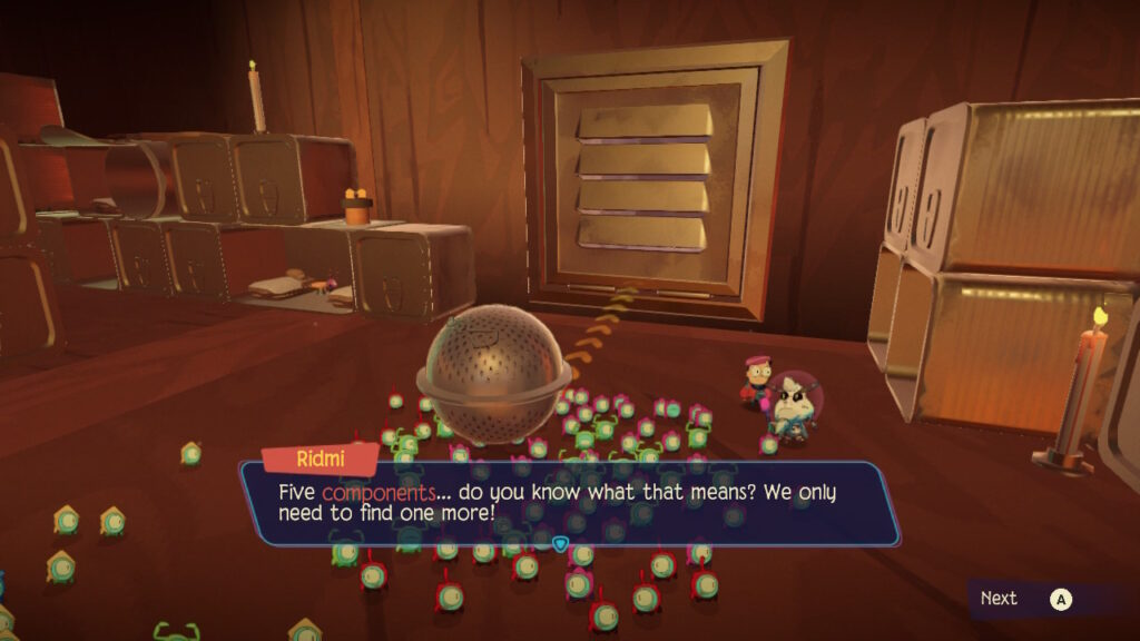 Tinykin of various colours carry a metallic sphere towards a vent