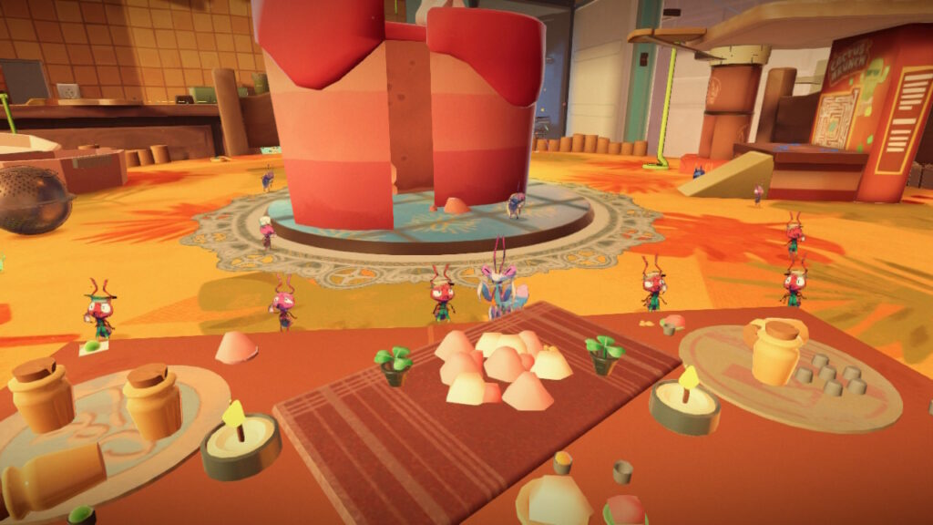 Food items and containers make up buildings for insectoid creatures