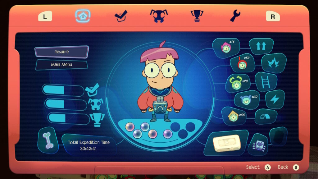Pause screen showing Milo in the middle and information around him such as number of each colour of tinykin