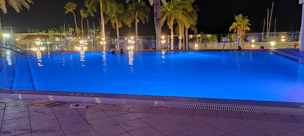 a swimming pool at night