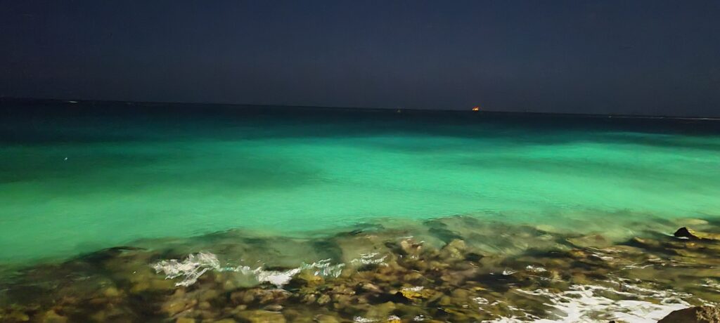 a view of the sea at night