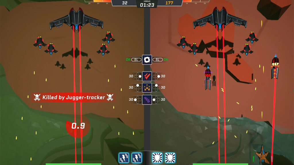 Desert terrain is still filled with enemy aircraft that is being taken down with lazers. The plane can flip screens depending on where to attack
