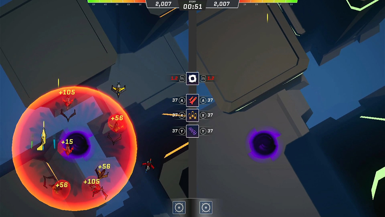 Ships fly above a grey environment, with a large red circle blooming on the left hand side of the screen.