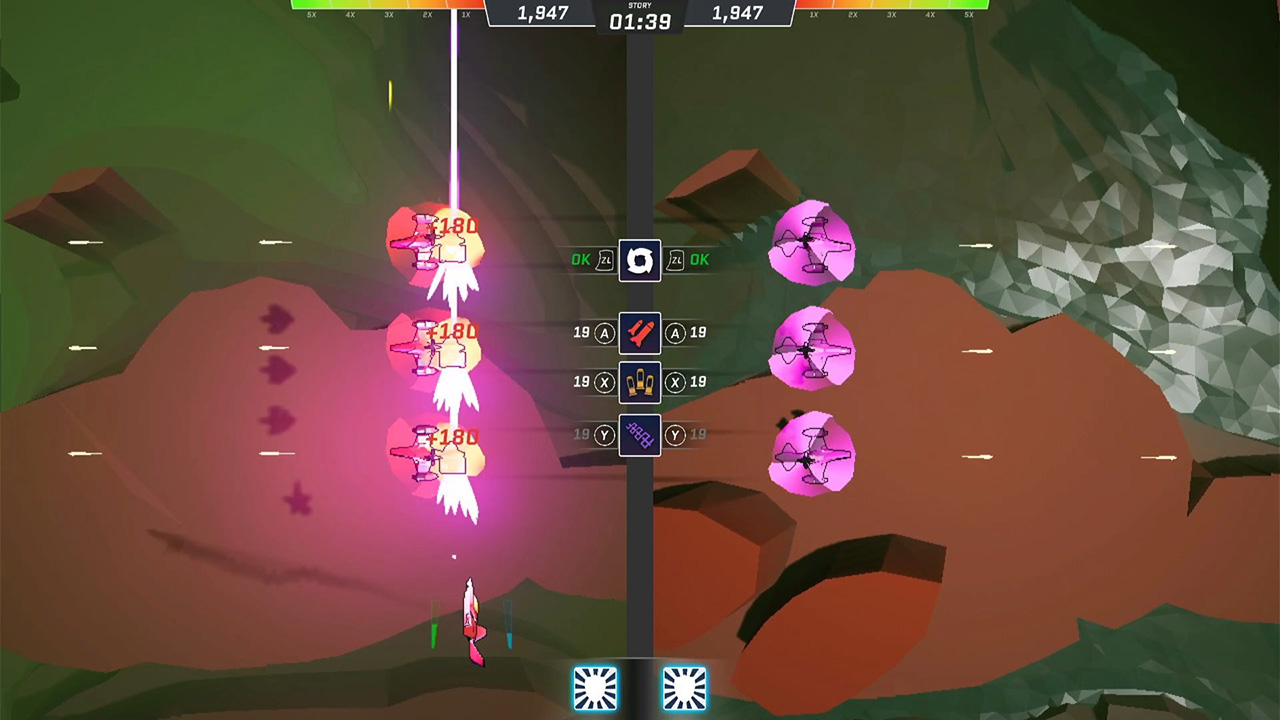 Three ships fly symmetrically on each side of the screen, above a green and orange environment