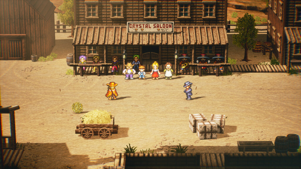 Live A Live - Review, characters facing off outside a saloon in a Wild West setting