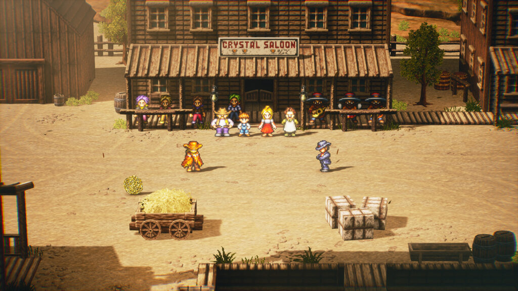 Live A Live - Review, characters facing off outside a saloon in a Wild West setting