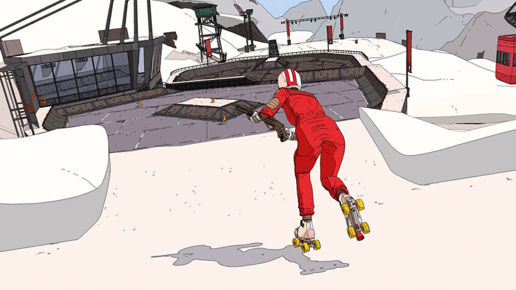 A skater with a shotgun heads towards an arena