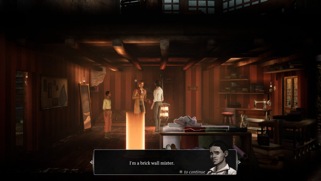 Two adult and one child character stand in a Victorian era room