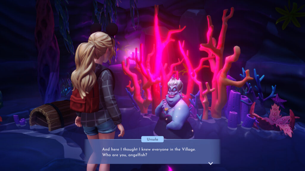 The protagonist stands in a cave with Ursula from The Little Mermaid.