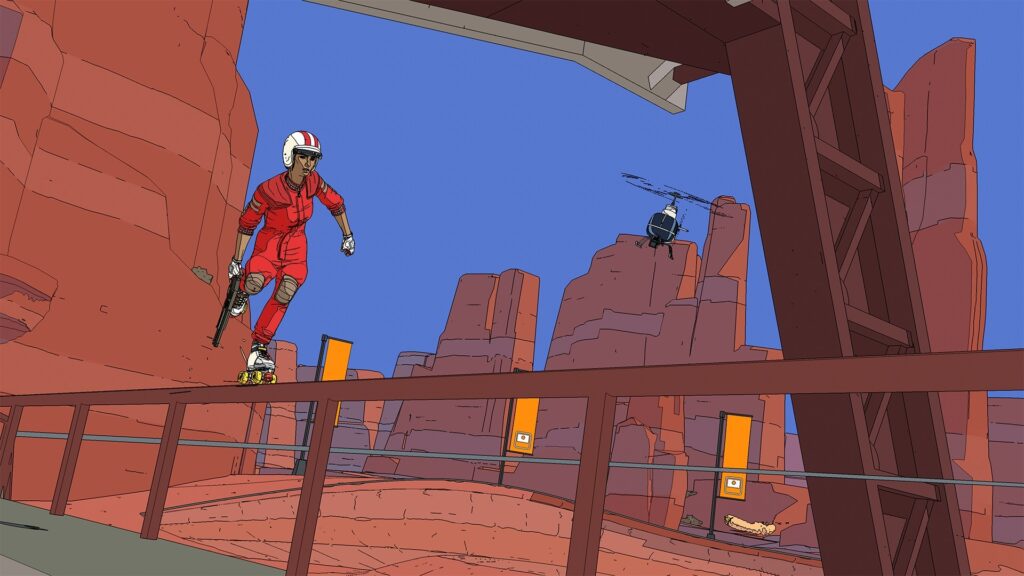 A skater travels along a rail with a helicopter in pursuit
