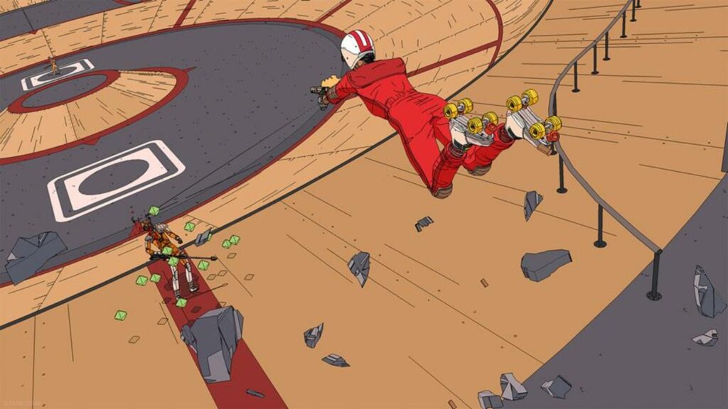 A skater dives towards an enemy holding a gun out in front