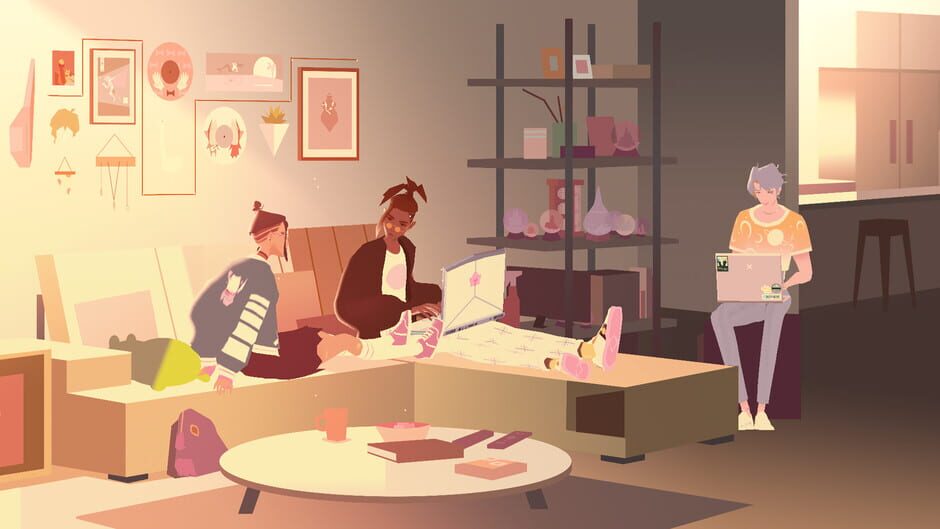 Three friends sitting and working together