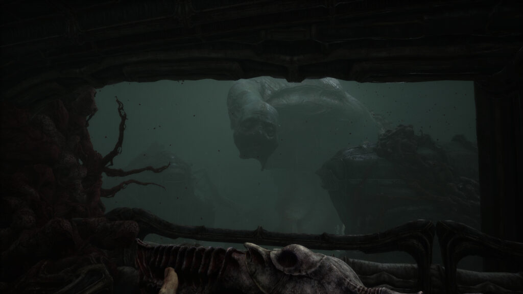 From a gap in the tunnel, a nightmarish creature with skin fused over the eyes can be seen approaching
