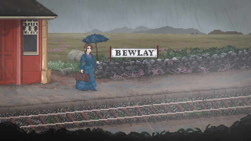 A woman in a blue dress holds a matching umbrella, standing at a train station in the rain.