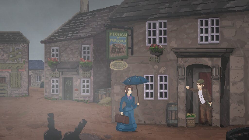 A woman in a blue dress with a matching umbrella stands outside a local pub, where a man leans against the entrance.