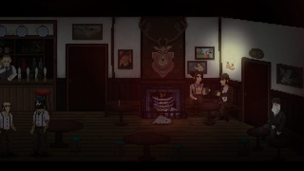 Thomasina and a man with a farmer's hat sit in the corner of a pub, dimly lit