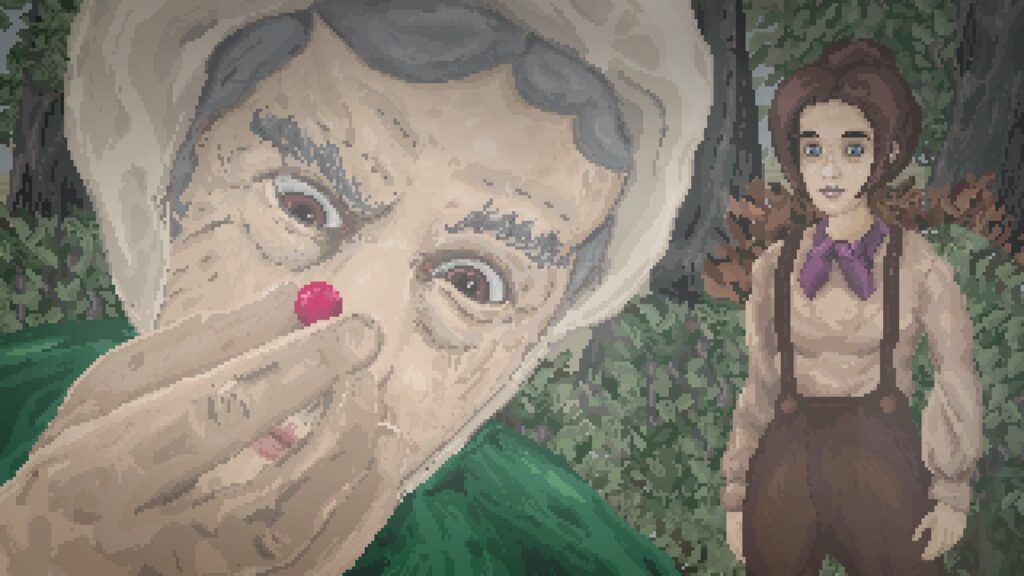 An old lady holds a berry close to her face, while Thomasina stands in the background surrounded by trees.