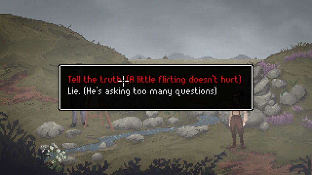 A black text box features two options: 'Tell the truth. (A little flirting doesn't hurt)' and 'Lie. (He's asking too many questions)'