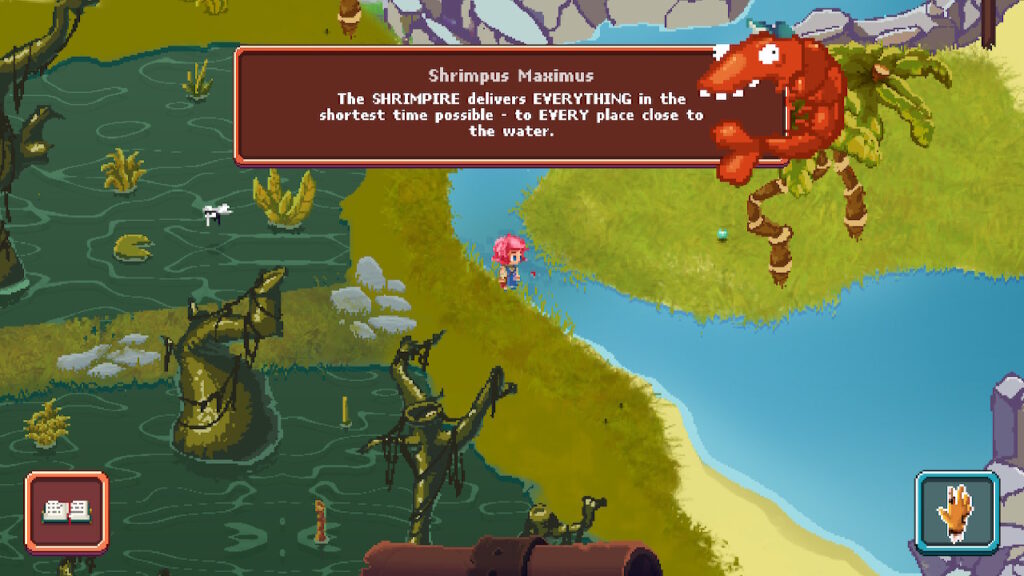 Cleo is talking to a shrimp in the water of an island