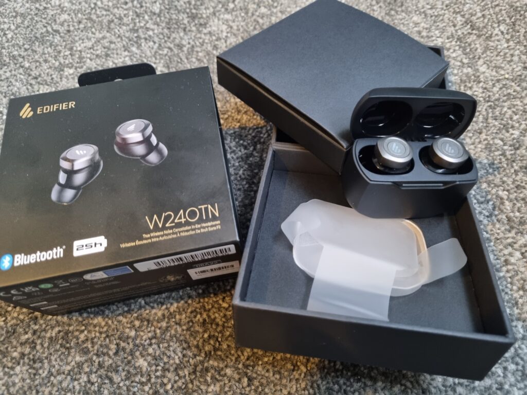 Edifier W240TN Bluetooth Earbuds packaging and charging case