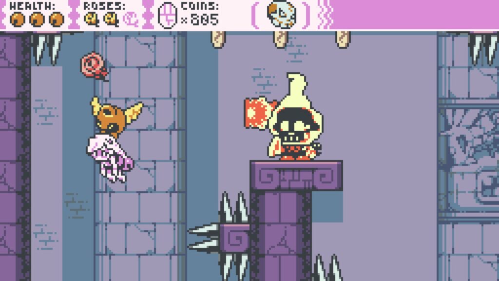 Belle is being carried by chime next to a flaming skeleton shooting a projectile at them