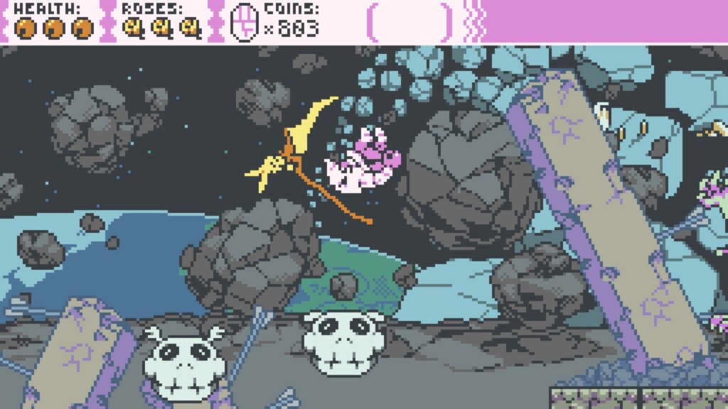 Belle bouncing on flying skeleton heads with a giant scythe behind her