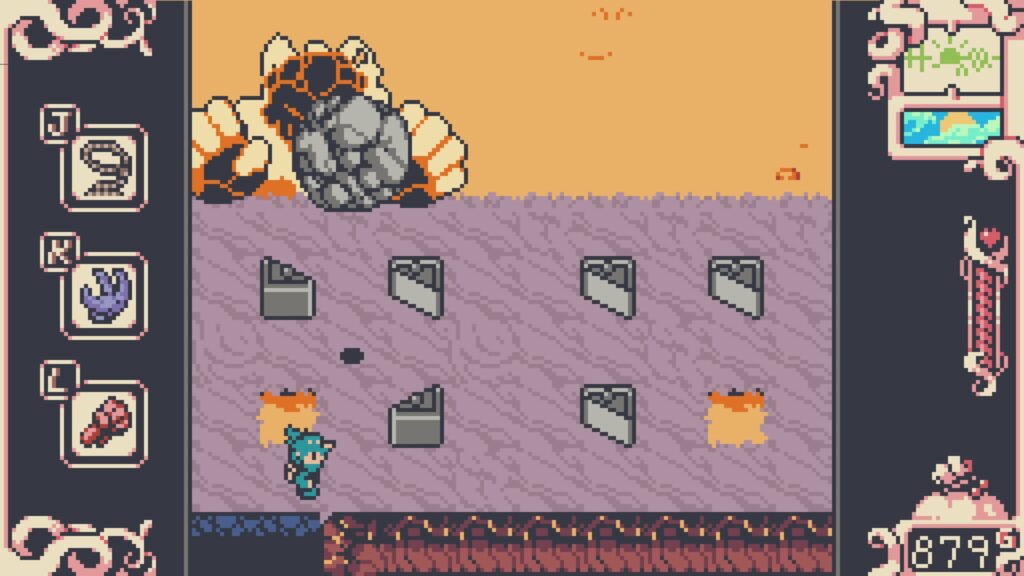 main character fighting a fiery rock monster