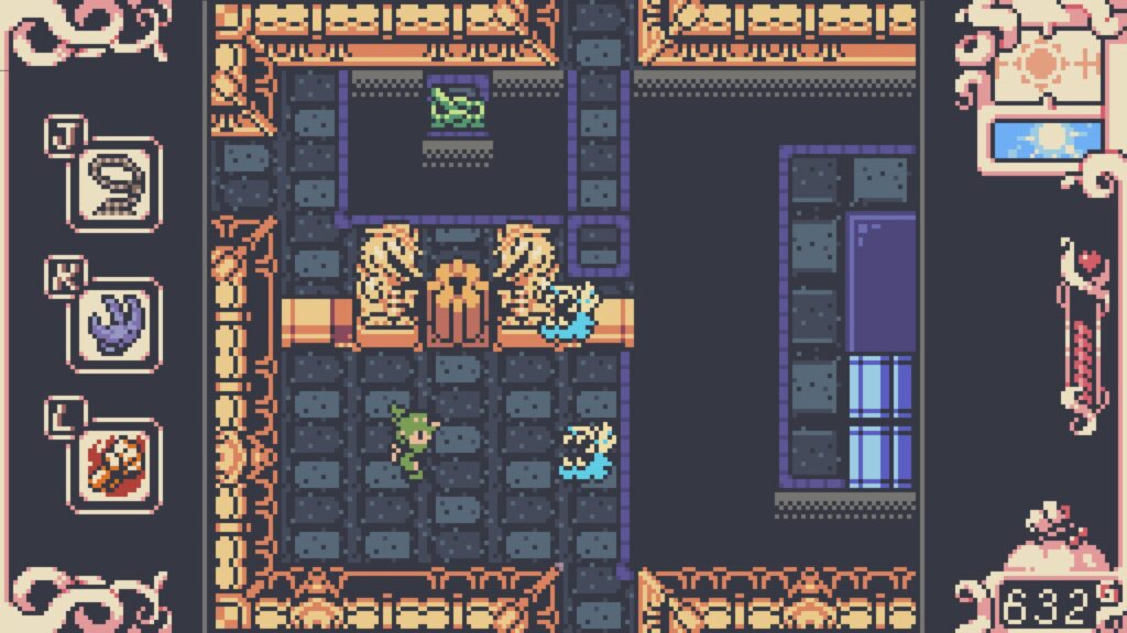 Main character looking at a locked gate with two flying enemies nearby