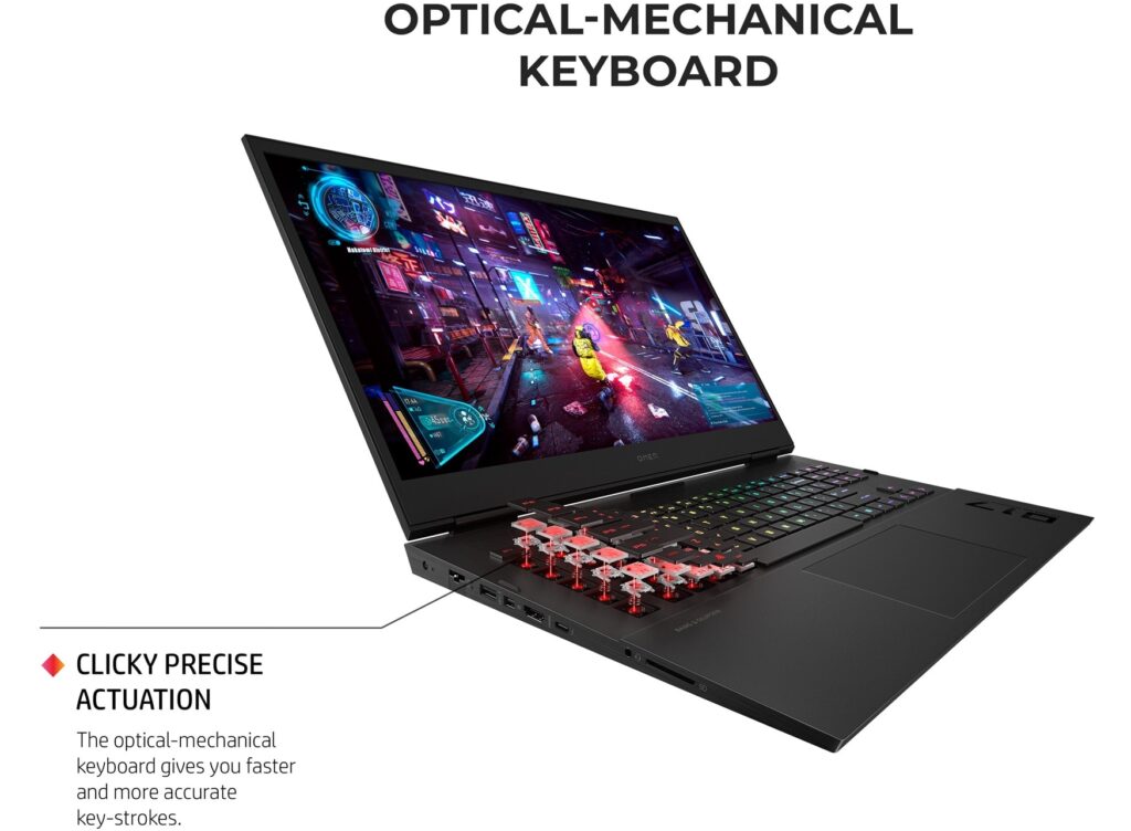 HP Omen 17 Laptop Review - Side view of Omen 17 laptop displaying the keyboards key specs