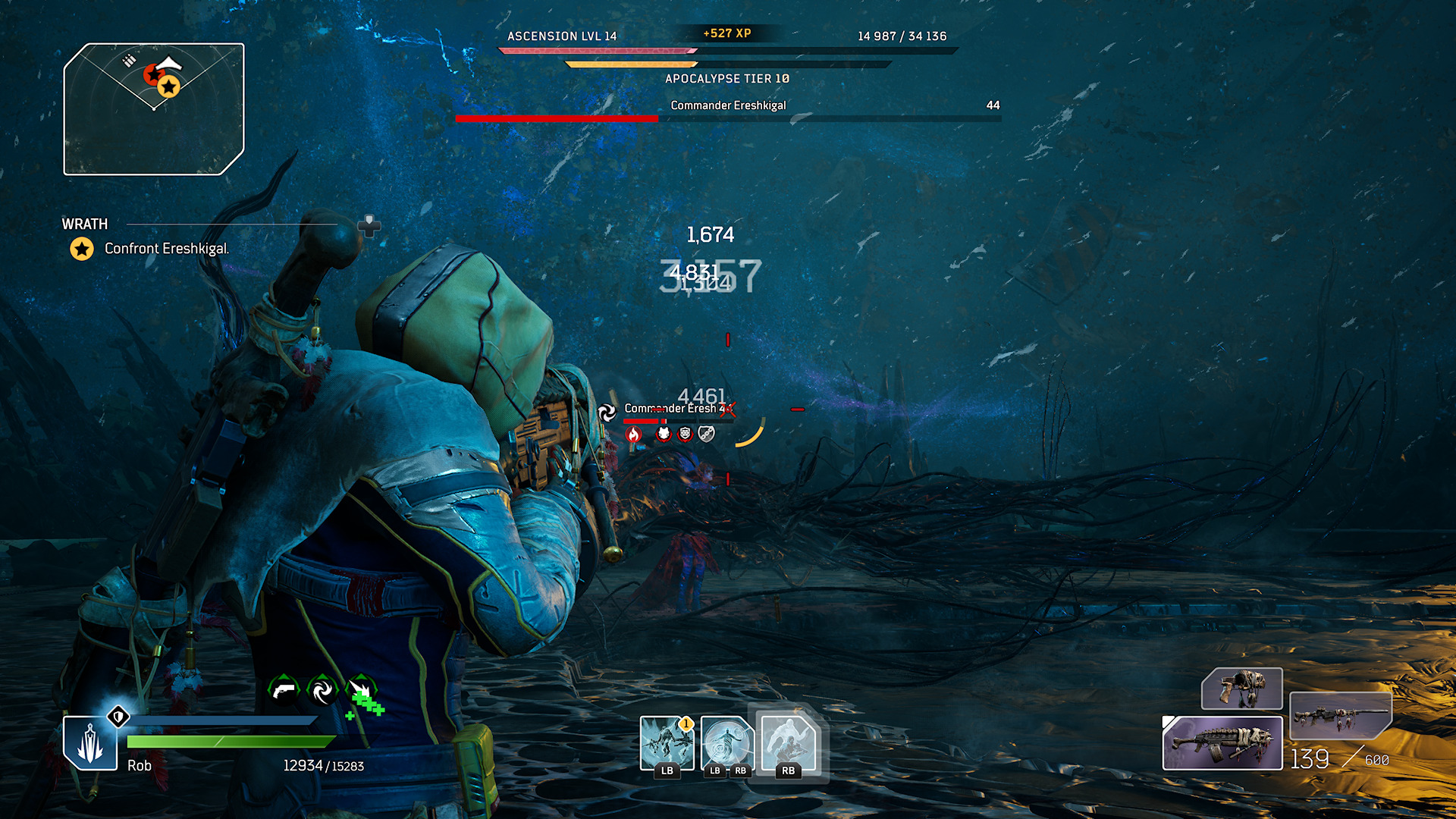 A gunfight with a number of hitpoints displayed