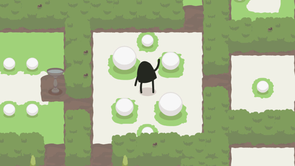 An animated shadow character waves his hand. It is surrounded by 5 variously-sized snowballs