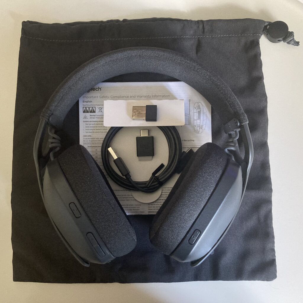The headset, receiver, adapter, charging cable, carry bag and warranty