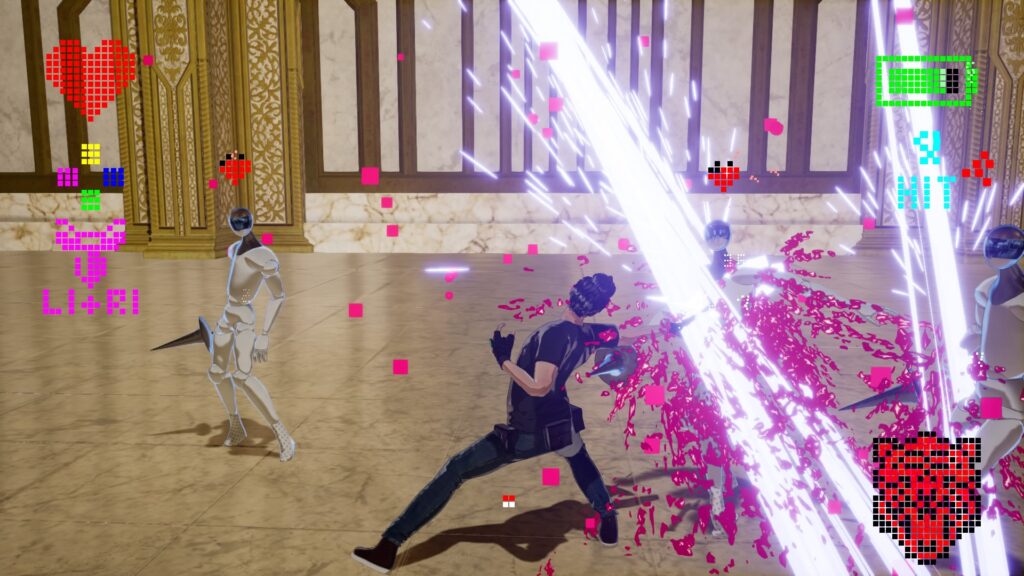 Travis stabbing white mannequin looking aliens with a beam sword