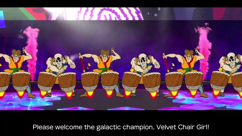Different characters banging on drums welcoming Velvet Chair Girl into the stadium