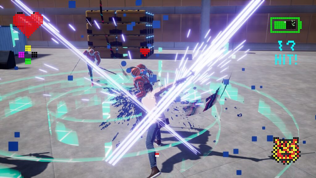 Travis standing in a blue force field that slows down enemies around two red jacketed enemies.