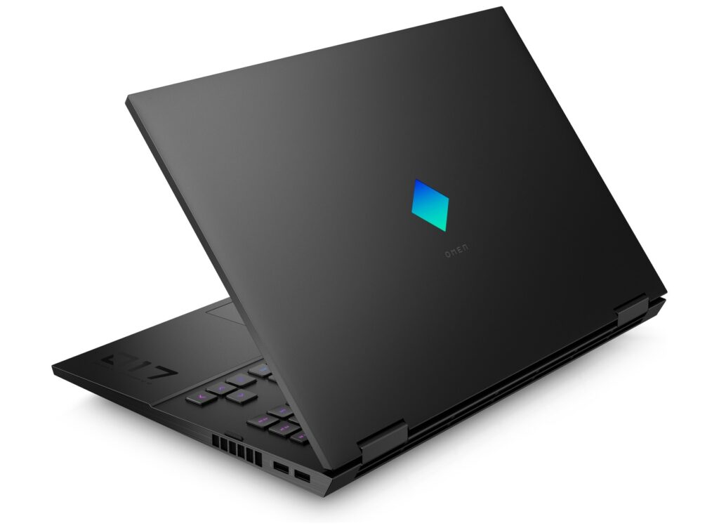 HP Omen 17 Laptop Review - Back view of Omen 17 showing the Omen logo on the laptops casing