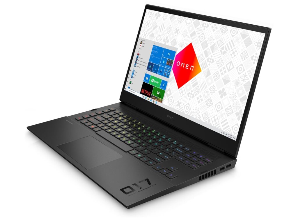 HP Omen 17 Laptop Review - Profile view of laptop with stock screen displaying the Omen logo and Windows 11 start menu