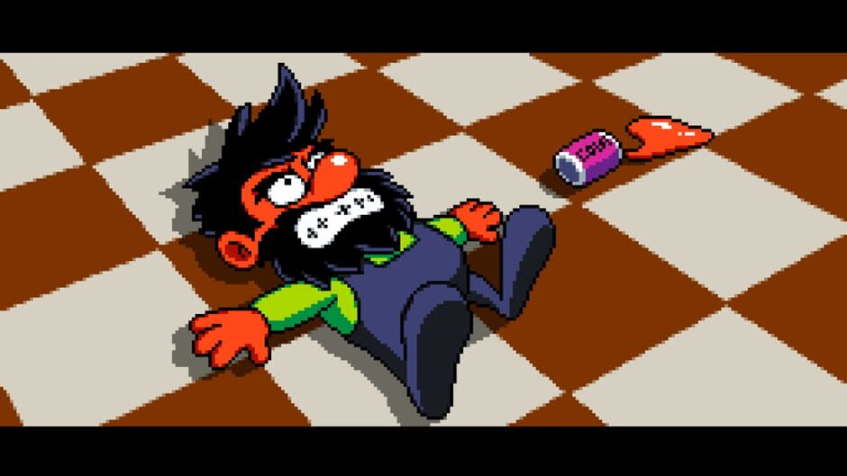 Anton laying on the floor with soda spilling