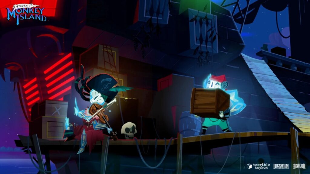 A pirate ship at night with ghost pirates playing instruments