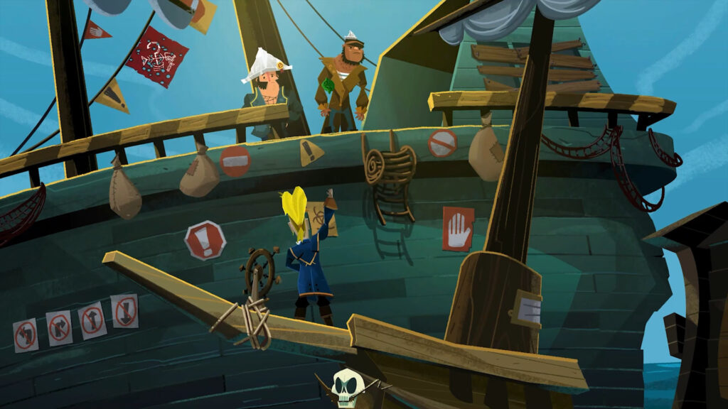 A pirate ship with pirates on deck