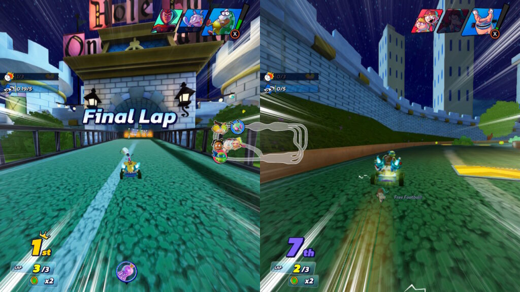 Zim is in first place (player one) and Leonardo is in seventh place (player two) in a split screen match