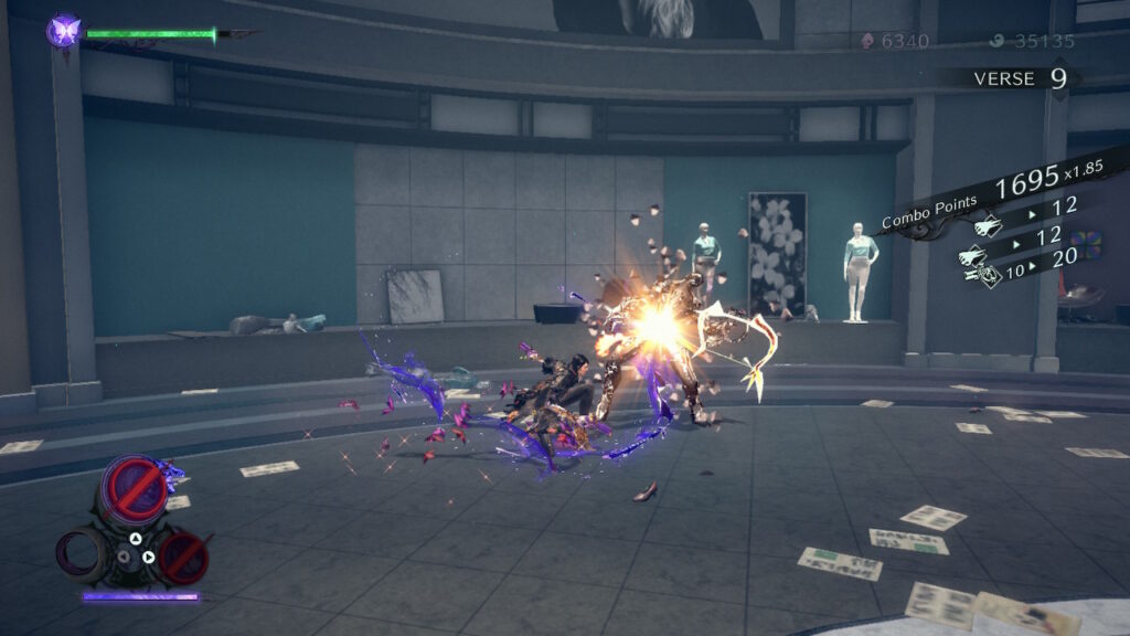 Bayonetta attacking an enemy in a vacant mall