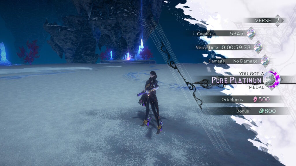 bayonetta standing in an empty room seeing her ranking, platinum in each aspect