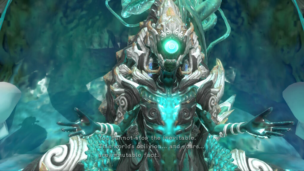 Blue monster character talking saying "you cannot top the inevitable, this worlds oblivion... and yours... are immutable fact"