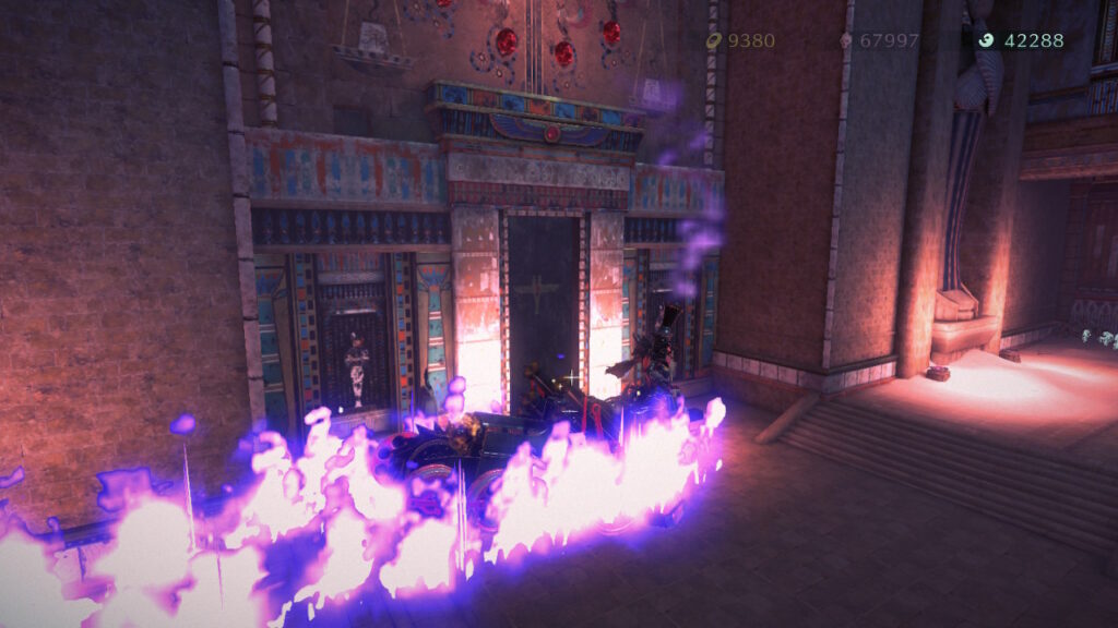 Bayonetta in a train moving through a desert area